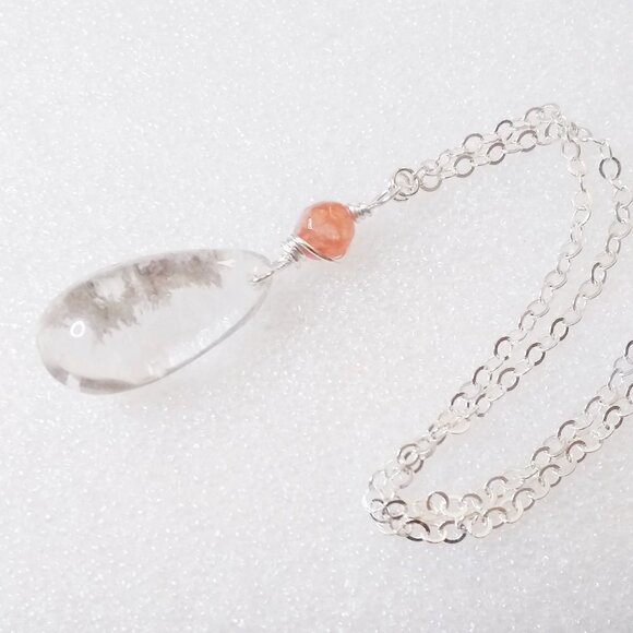 Clear Quartz w. Natural Rock Inclusions + Orange Agate Top Bead! Chain Included - Picture 4 of 8